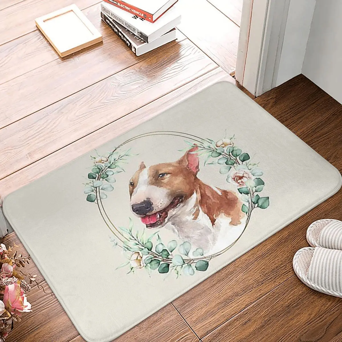 Bull Terrier Dog In A Floral Gold Wreath Frame Non-slip Doormat Floor Mat Carpet Rug for Kitchen Entrance Balcony Footpad Mats