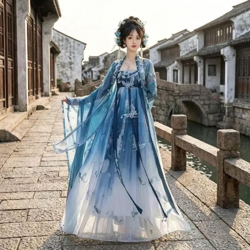 Women Chinese Hanfu Tang Style Ruqun Butterfly Embroidery Blue White Gradient Wide Sleeve Elegant Fairy Ancient Cosplay Festival