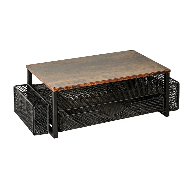 Computer Monitor Stand Riser Space-Saving Laptop Countertop Organizer with Drawer and Metal Basket Practical Desk Organizer