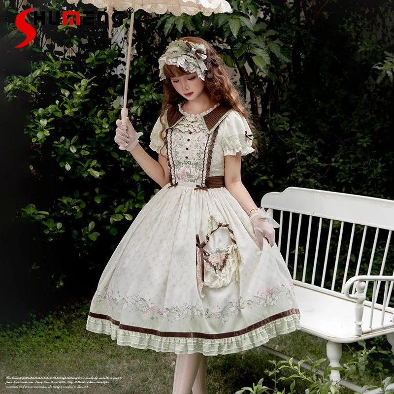 

French Elegant Cla Tea Party Princess Dresses OP Summer Girl's Women's High Waist Slim Cute Bow Print Short Dress Retro Dress
