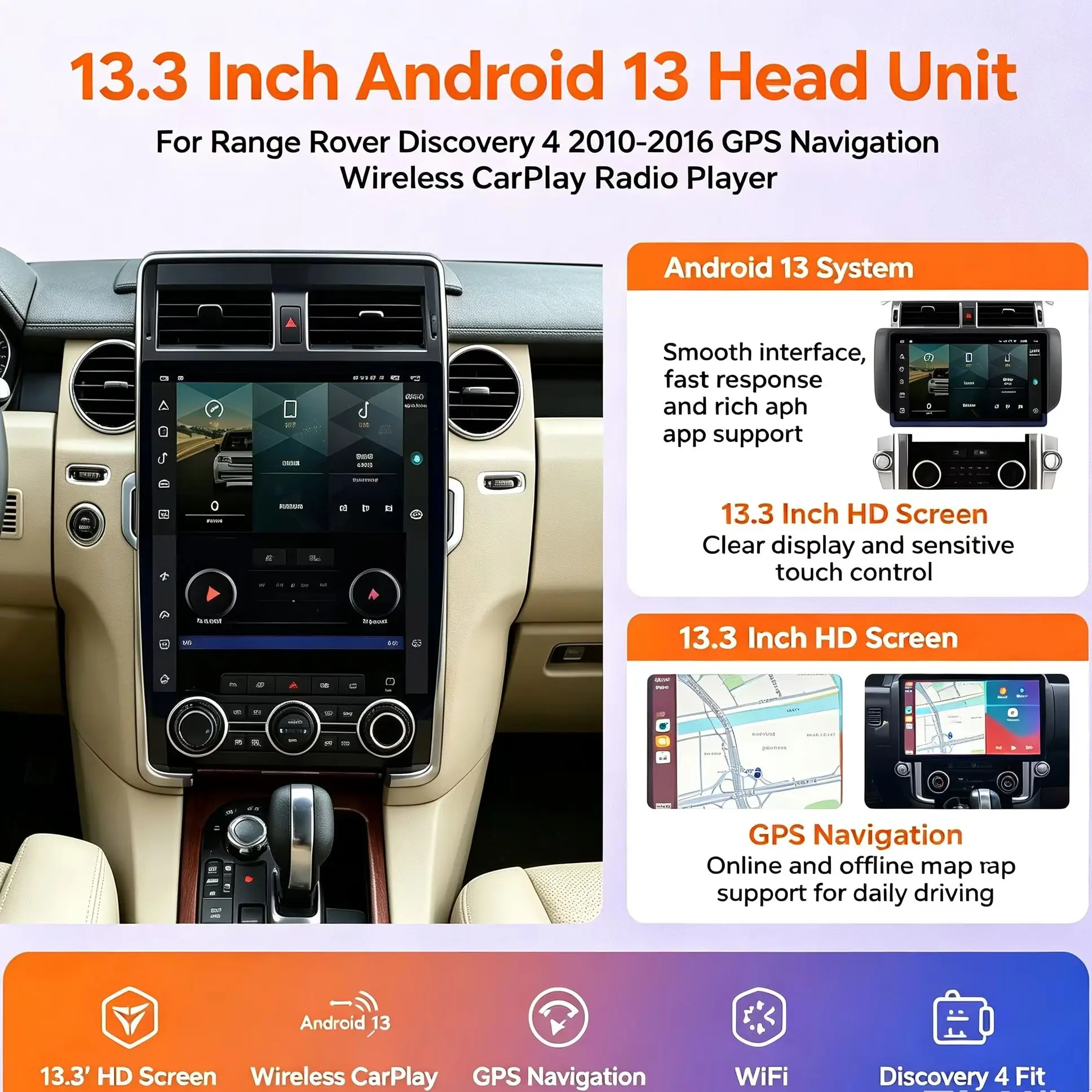13.3 inch HD Touch Screen Android13 For Range Rover Discovery 4 2010-2016 GPS Navigation Wireless Carplay Radio Player Head Unit