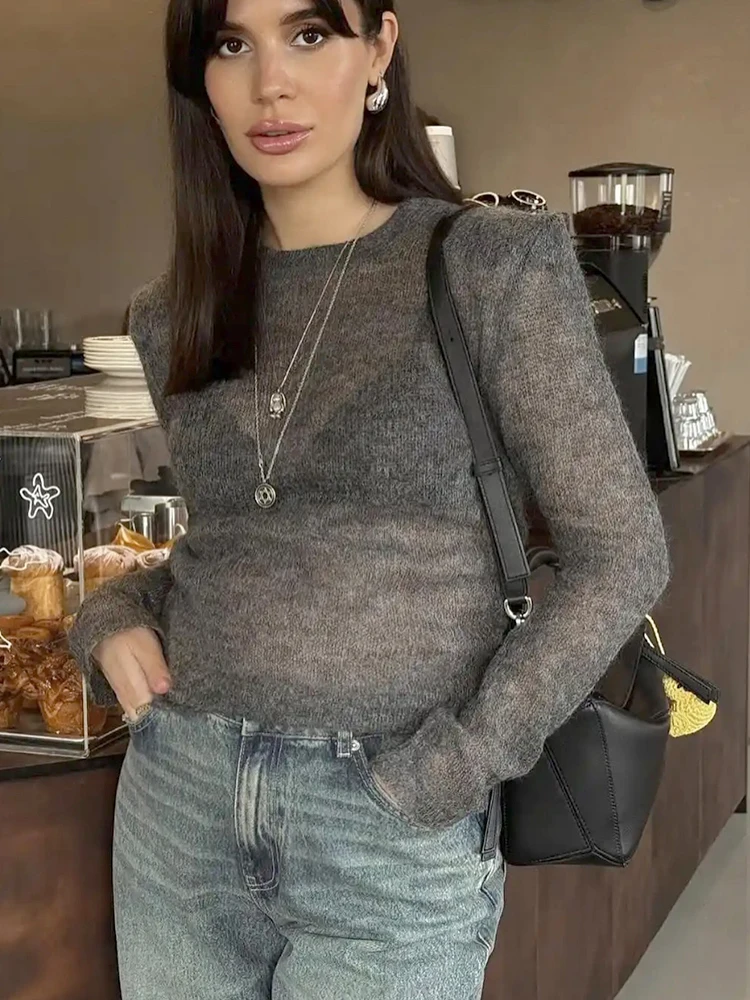 

JULISSA MO сексуальный вязаный пуловер с вырезами, женский свитер, серый свитер с длинными рукавами и круглым вырезом, осенний тонкий повседневный вечерние клубная одежда