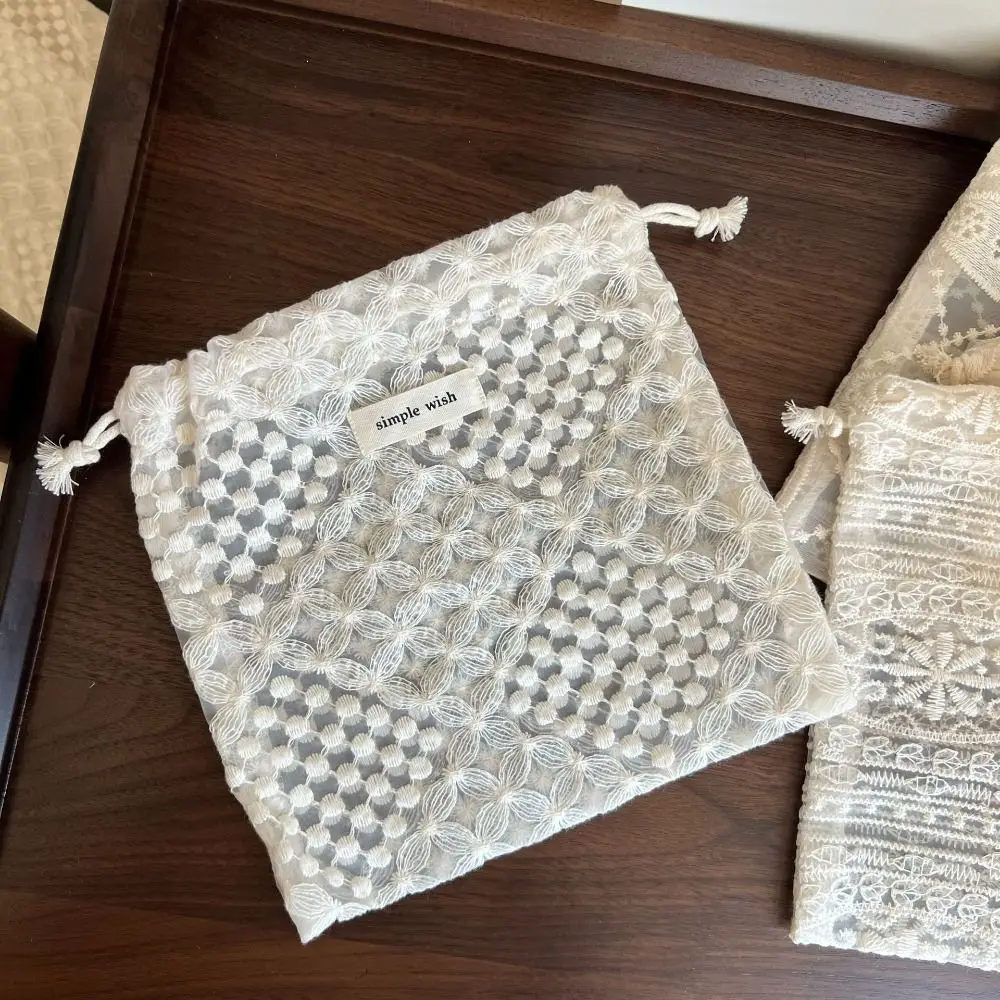 Portable Embroidery Flower Drawstring Pouch Hollow Out Mesh Cute String Bags Practical Hand-Held Jewelry Storage Bag