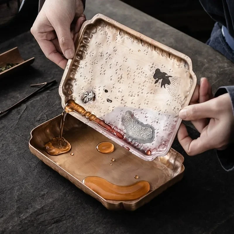 Goldfish Silver Gilded Red Copper Pot Tray Handmade Dry Pour Long Square Water Storage Tray Tea Table Tea Ceremony Utensils