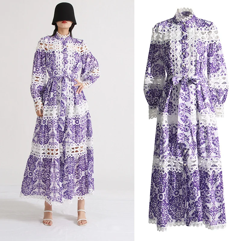 MYSIMLOCHIC Fashion Runway Flower Print Shirt Dress Women Autumn Winter Lace Embroidery Hollow Out Long Sleeve Midi Dresses Work