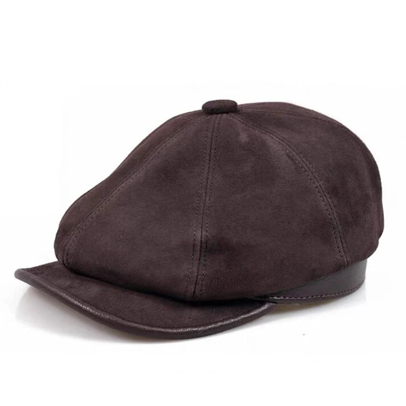 

Retro Octagonal Genuine Leather Hat Winter Men's Sheepskin Leather Beret Elegant Fashion Student Tongue Cap Elastic Adjustable