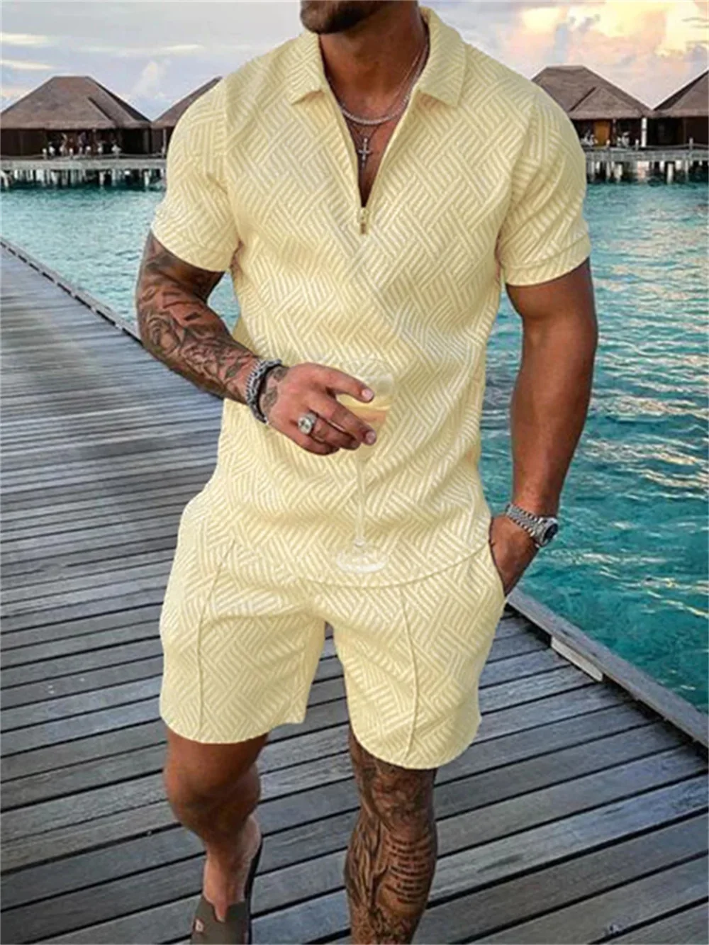 Solid Color Luxury Style Men's Polo Sets V-neck Zipper Polo Shirt Shorts Tracksuits Man 2-piece Set Men's Polo Suit Mens Wear view 3