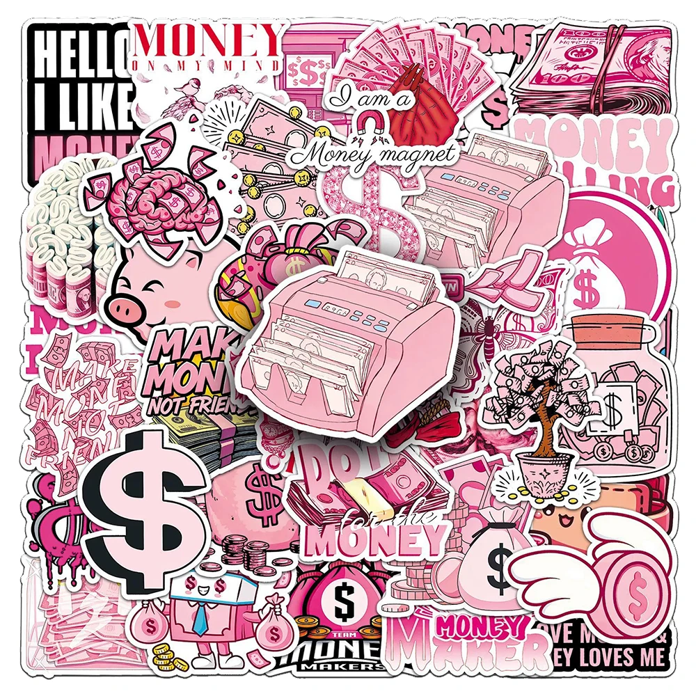 10/30/50 Stück Rosa Cartoon-Geld-Aufkleber für Laptop, Scrapbook, Gepäck, Lustige Dollar-Welt-Sticker, Spielzeug, Geschenke