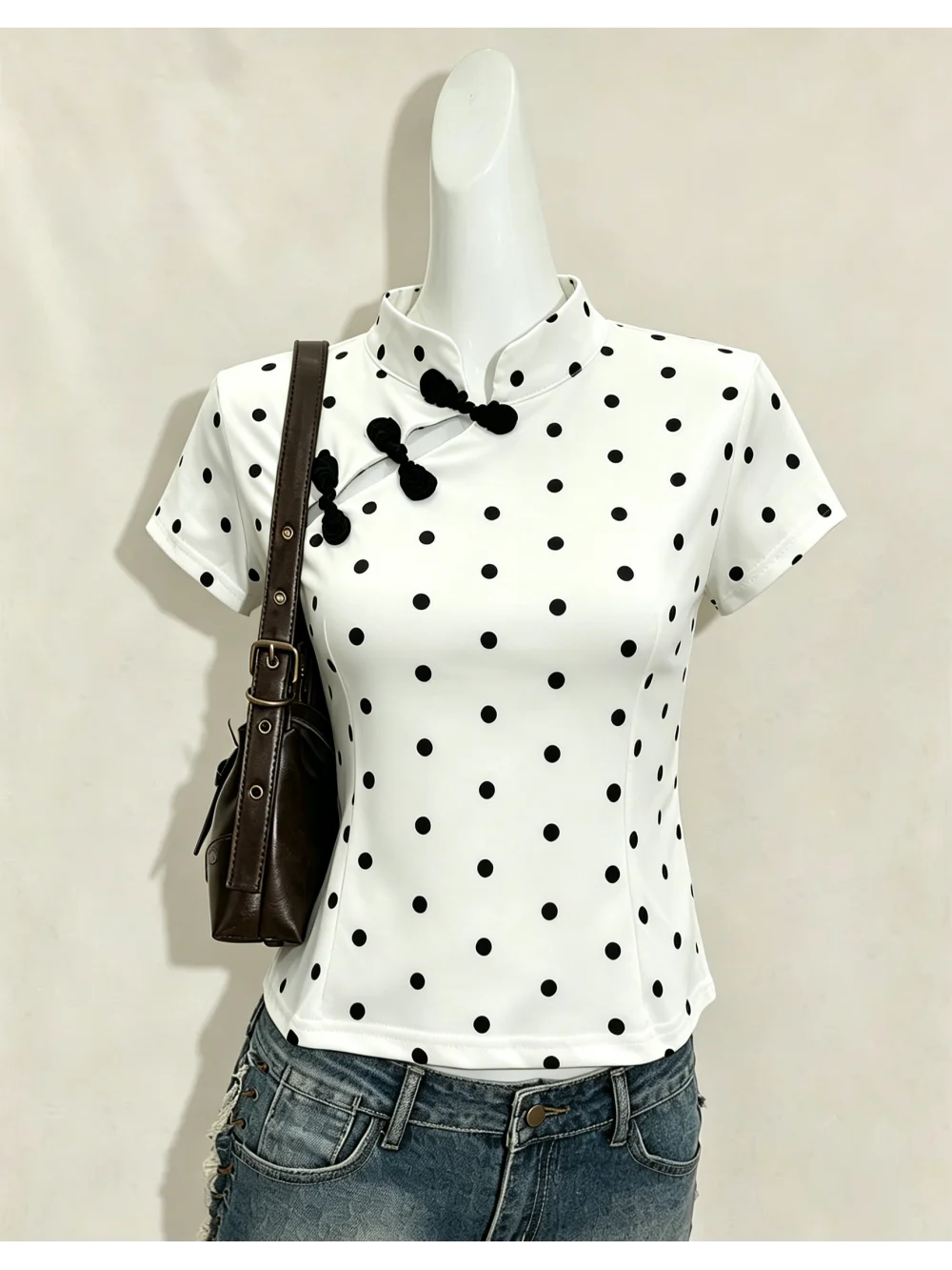 2026 new summer slanted collar Chinese style button up stand collar polka dot short sleeved top trendy spicy girl vacation date