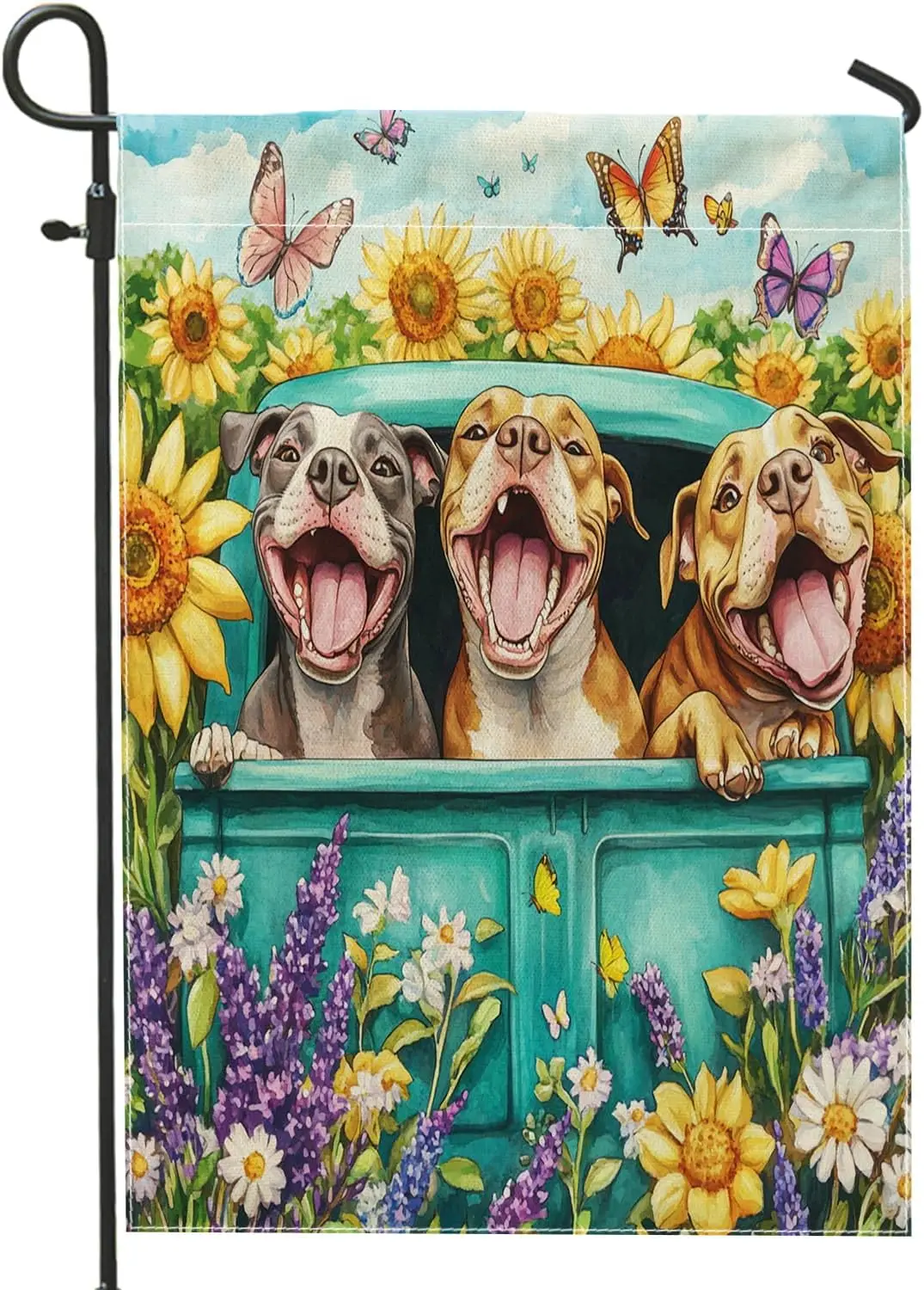 Spring Pitbull Dog Garden Flags 12x18 Inch for Outside, Funny Puppy Truck Sunflower Standard Vertical Linen Flags for House, zzo