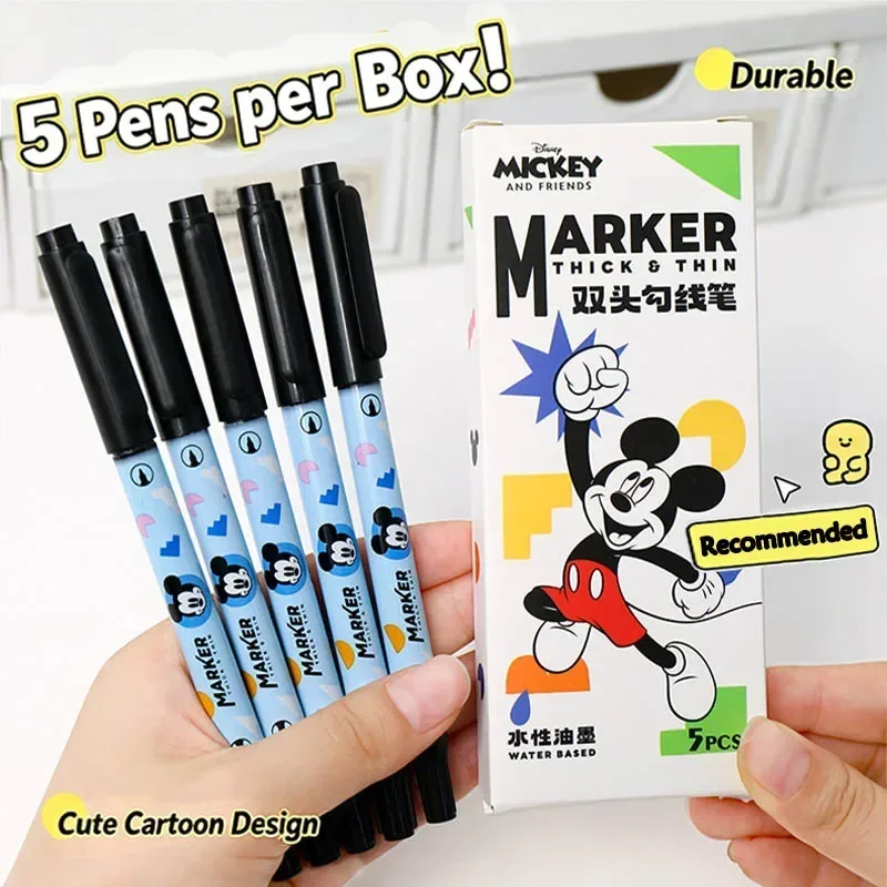 5pcs Disney Mickey Mouse Double-Ended Marker, Art Outline Liner Pen, Portable Quick Dry Black Drawing Pens, Student Gifts.