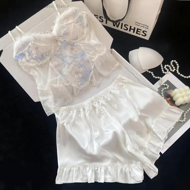 

Sexy Lace Hollow Sleepwear Strap Top&shorts Pajamas Set Intimate Lingerie Silky Satin Nightwear Loungewear Casual Home Wear