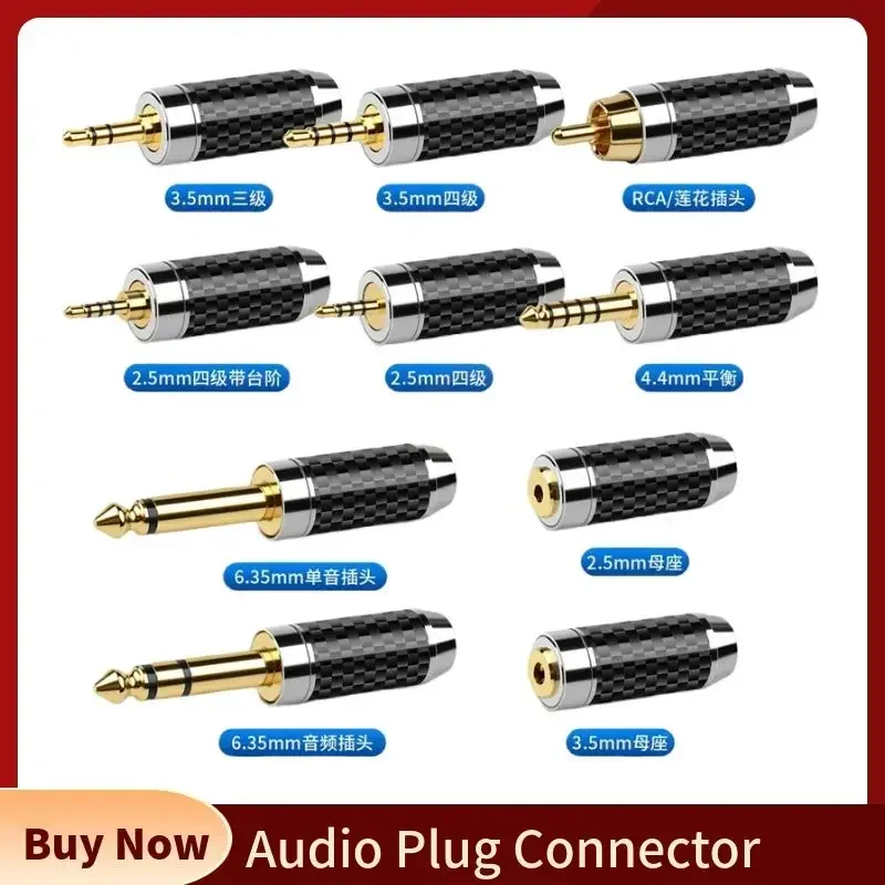 Złącze RCA 2.5 3.5 4.4mm 6.35mm Jack wtyczka słuchawek z włókna węglowego pozłacane głośniki Audio konektor męskie żeńska końcówka