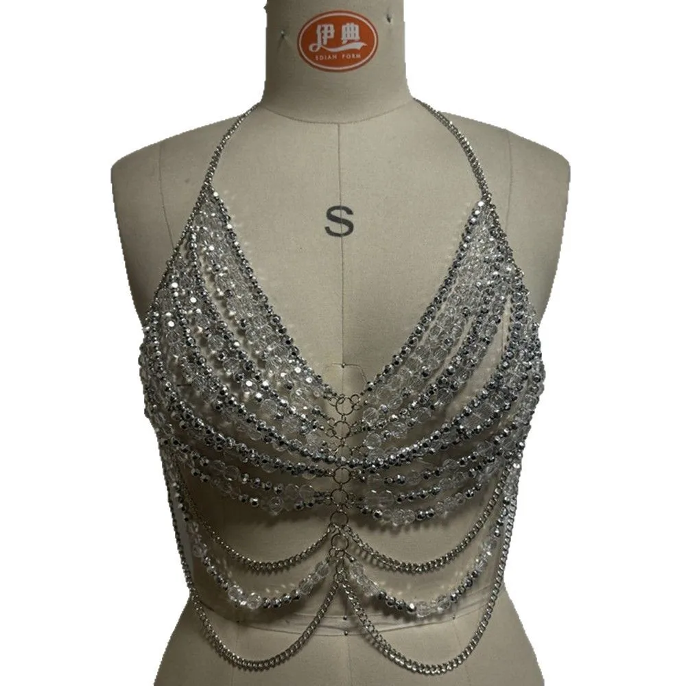 

Metal Chain Openwork Top For Women Sexy Hot Girl Halter Neck Beaded Tank Top Nightclub Style Open Back Design Beach Battle Dress