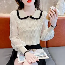 Doll Collar Knitted Sweater Top for Women New Women's Clothing Thin Style Fashionable and Western-style Hollowed Out Long
