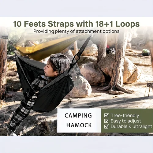 Imagen 2 del producto [Hamaca portátil] Hamaca portátil liviana doble y individual |   Hamaca de paracaídas de nailon con 2 correas para árboles