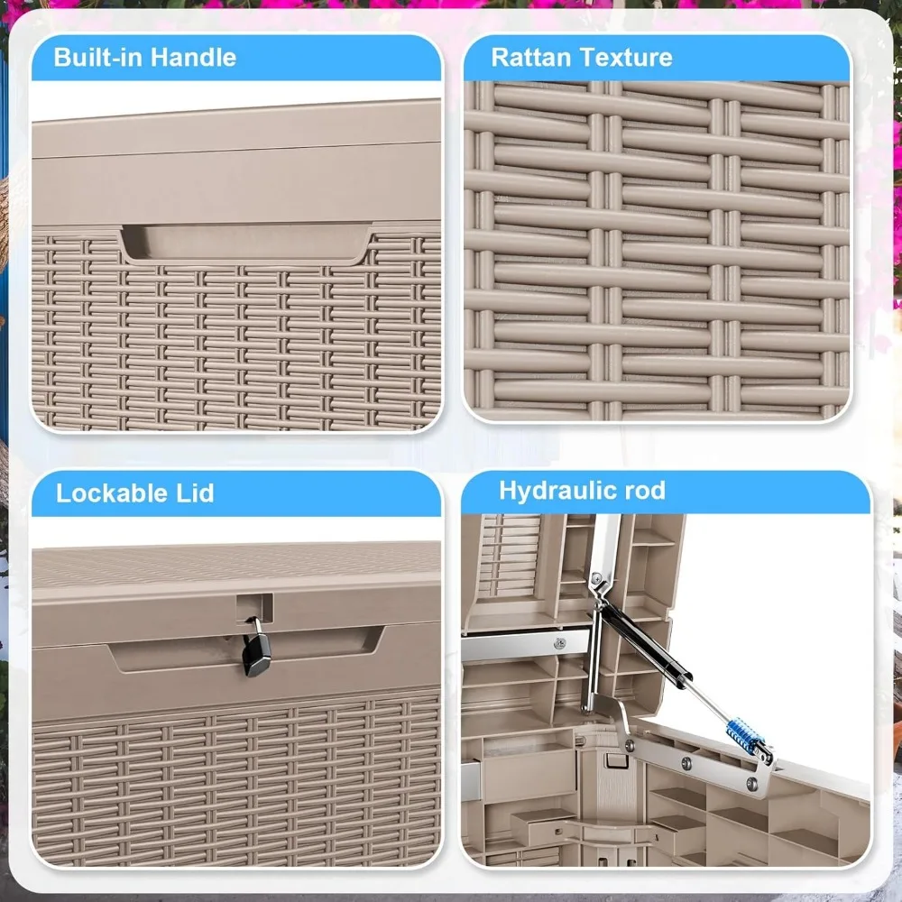 Caixa de armazenamento exterior com tampa para almofadas de pátio, ferramentas de jardim, suprimentos de piscina, caixa de resina de deck grande com capacidade de 260 galões