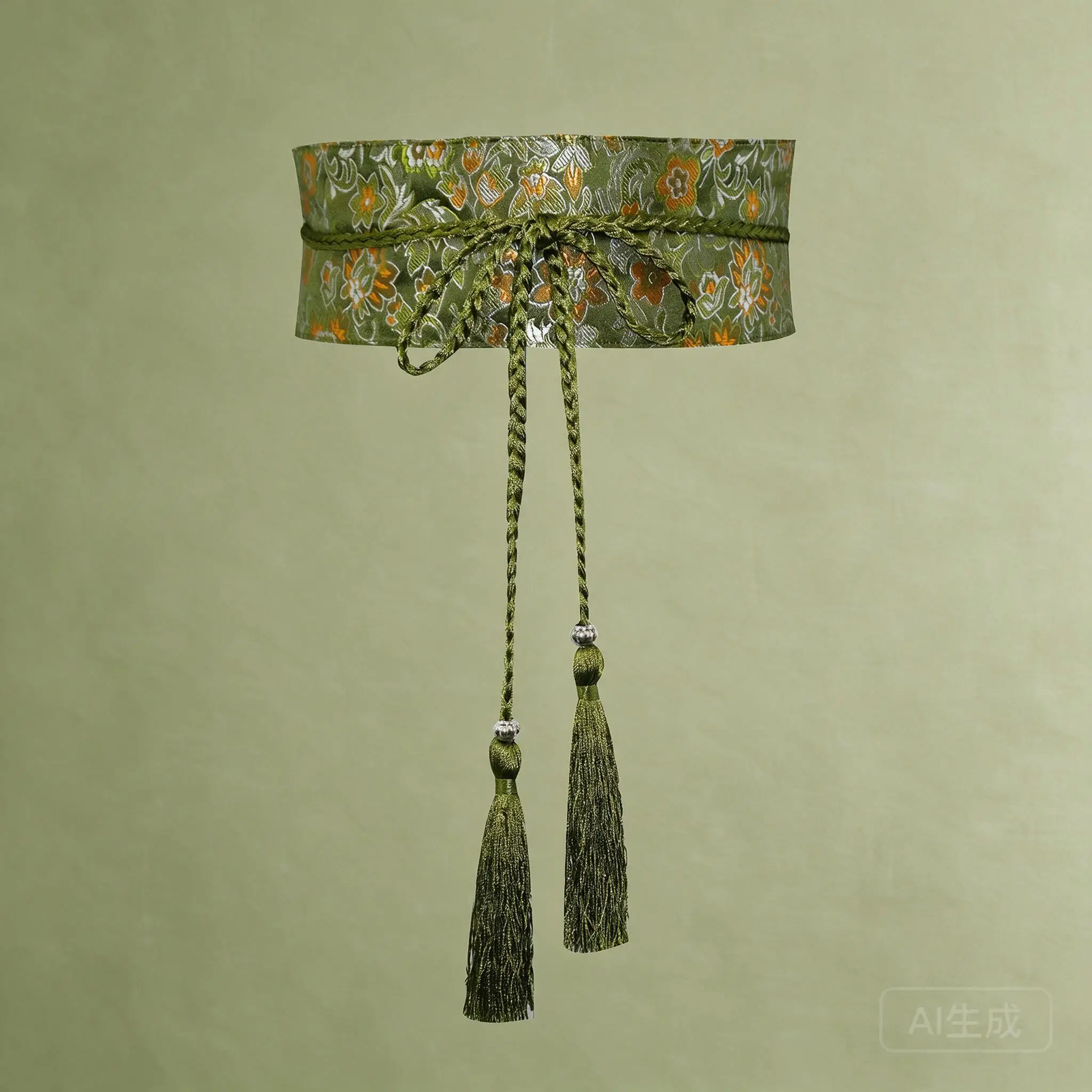 Women Chinese Style Floral Brocade Wide Waist Belt With Tassel Bow For Hanfu Summer Daily Cosplay Outfit Multiple Green Options