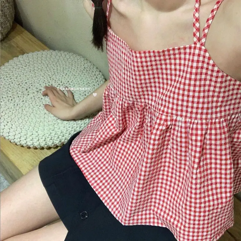 Red Plaid Camis Women Kawaii Age-reducing Female Casual Harajuku Bandage Popular Korean Style Gentle Graceful Summer Loose Tops