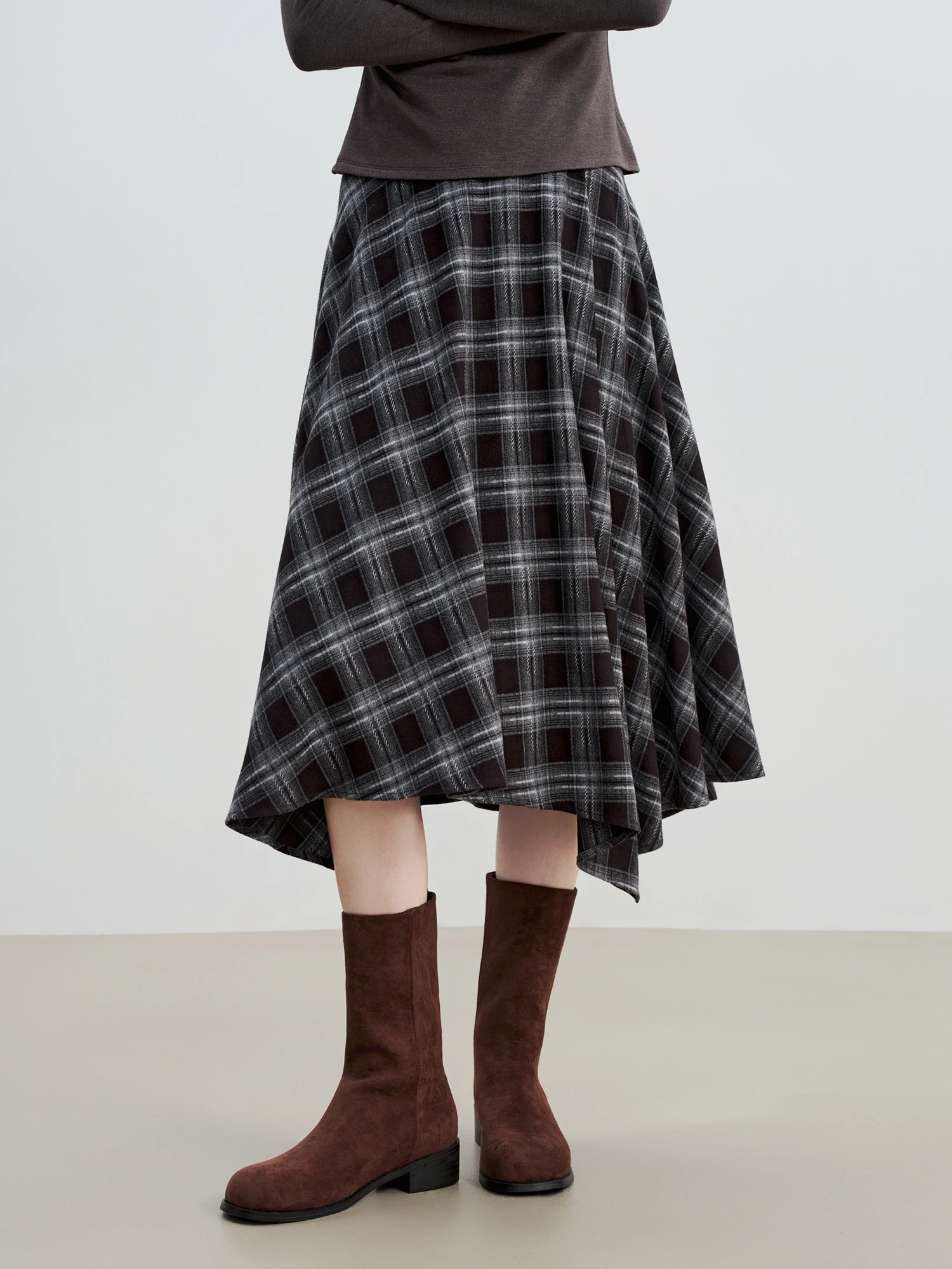 ZIQIAO 2025 Women's Retro Plaid A-Line Skirt - High Waist Flared Swing Midi Skirt with Pleated Detail for Office Casual​