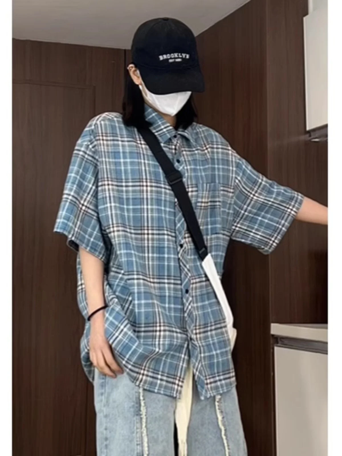 

Blue Plaid ort Sve Men's irt Vintage American Sle Spring Autumn Cheered irt Coat Loose Fit Polyester Cotton Blend