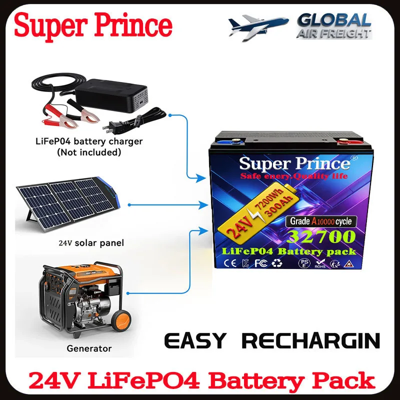 

24V 300Ah /500Ah LiFePO4 Battery 15000 Cycle200A BMS UP 2560W For RV, Camper, Solar, Marine, Off-Grid,2-year warranty,UL 1973