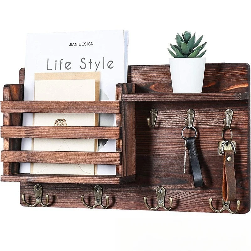 Multifunctional Wooden Wall Storage Rack Entryway Key Coat Hanger Decorative Shelf for Glasses Sundries 5