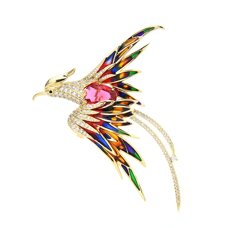 Wuli&baby Crystal Phoenix Bird Brooches For Women Men 5-color Enamel Flying Beauty Bird Party Office Brooch Pin Gifts