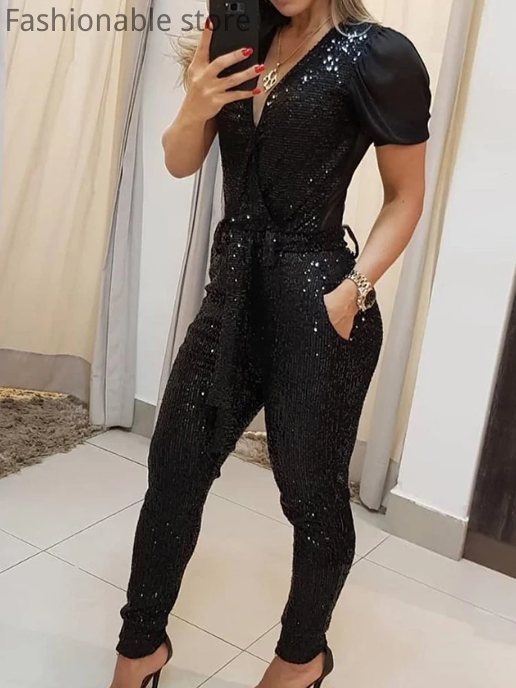 Sequins Plunge Sheer Mesh Sleeve Jumpsuit