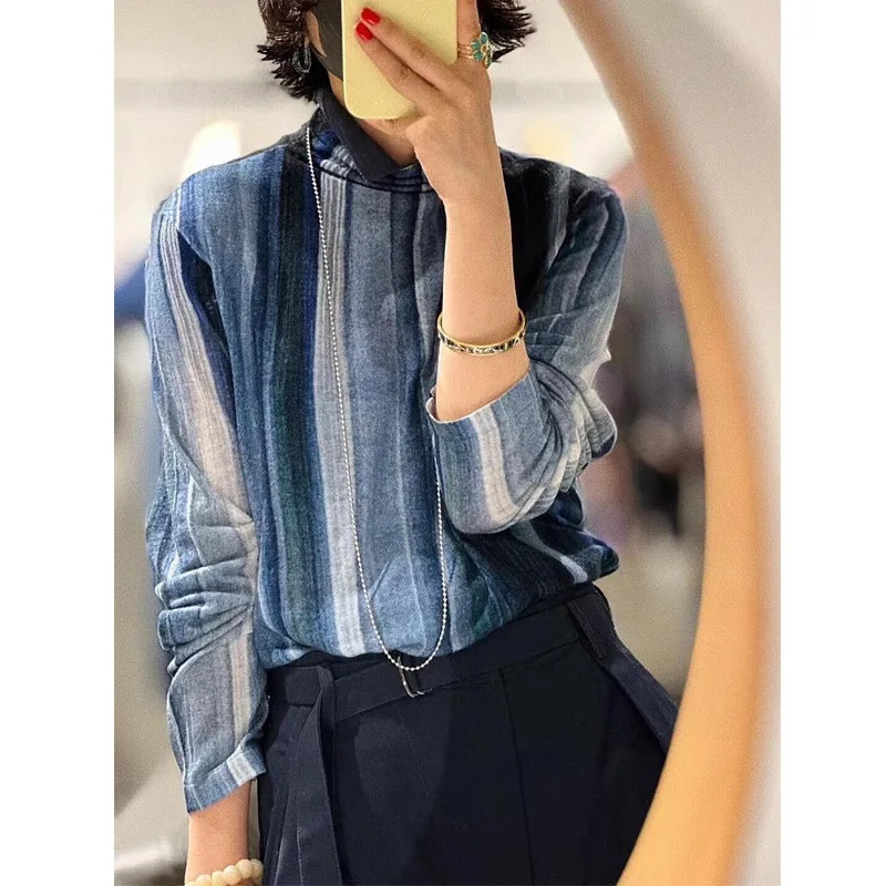 Women's Gradient Vertical Striped Long Sleeve Shirt, Casual Loose Breathable Linen Blouse, Elegant Office Work Wear Top