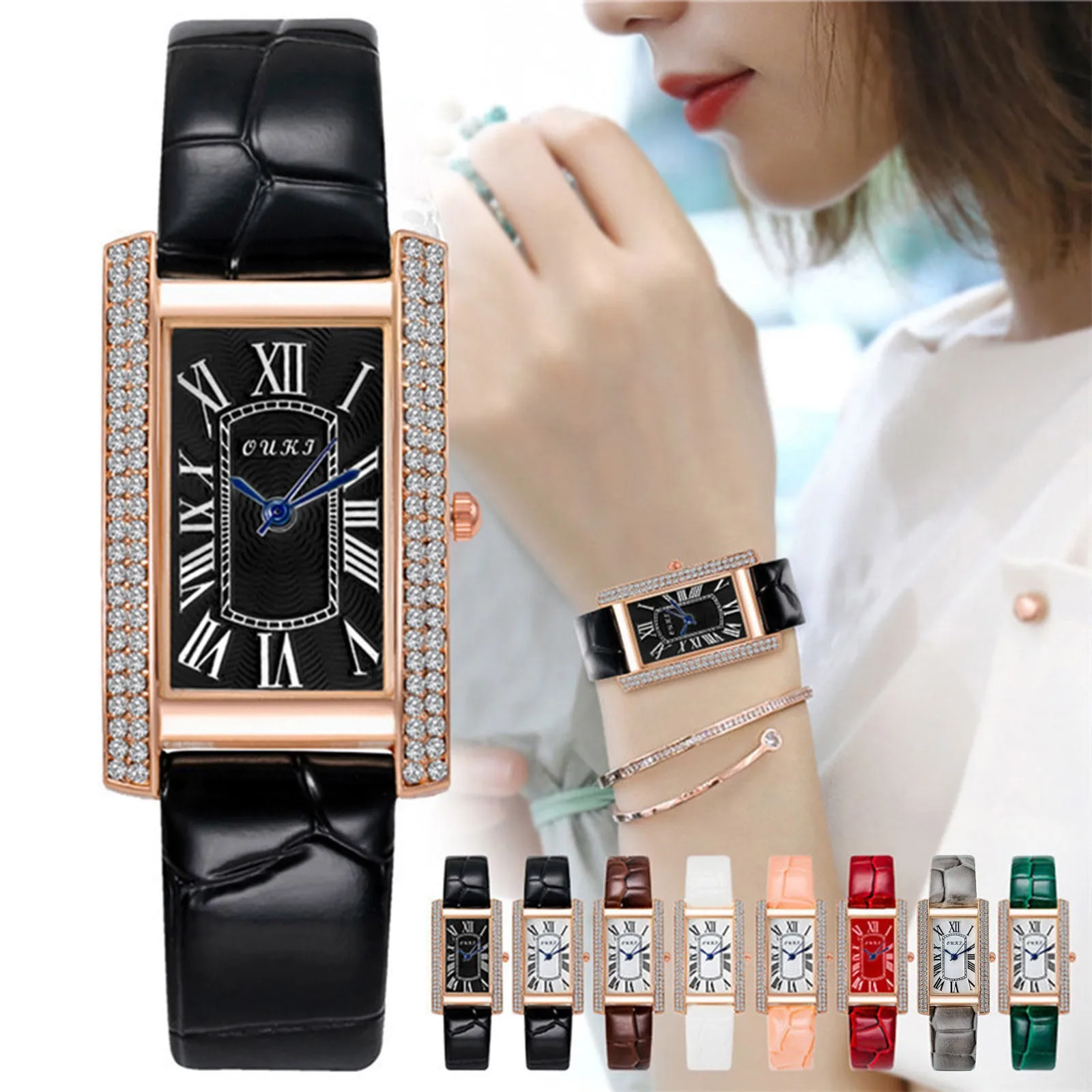 Women Fashion Watch Leather Belt Quartz Wristwatches For Ladies Temperament Square Watch Diamond  Decoration Friend For Gift