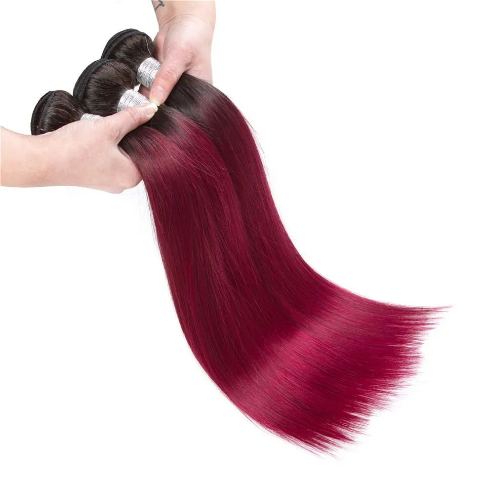 1B 27 bundel Burgundy dengan penutup Ombre berwarna bundel 3/4 merah dengan penutup bundel ekstensi rambut manusia lurus Brasil