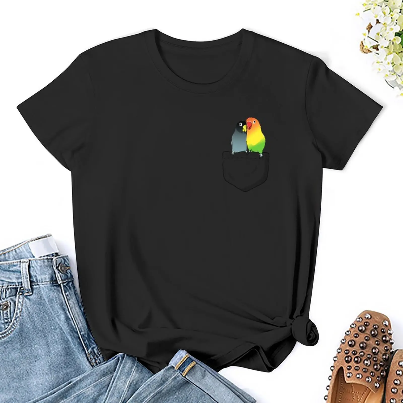 Pássaro Engraçado Do Amor No Bolso, T-shirt Do Presente Do Pássaro Adorável, Roupas De Senhora, T Gráficas, Tops Das Mulheres, Roupas Kawaii