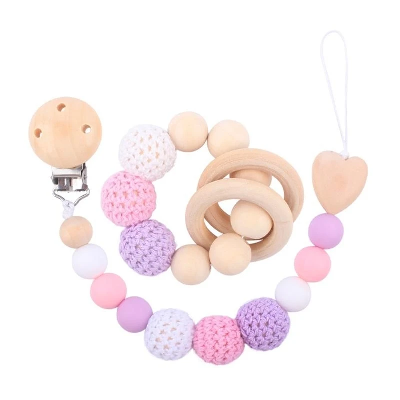

J15U деревянный браслет для прорезывания зубов, силиконовая бусина, зажим для соски для маленьких девочек и мальчиков, пустышка