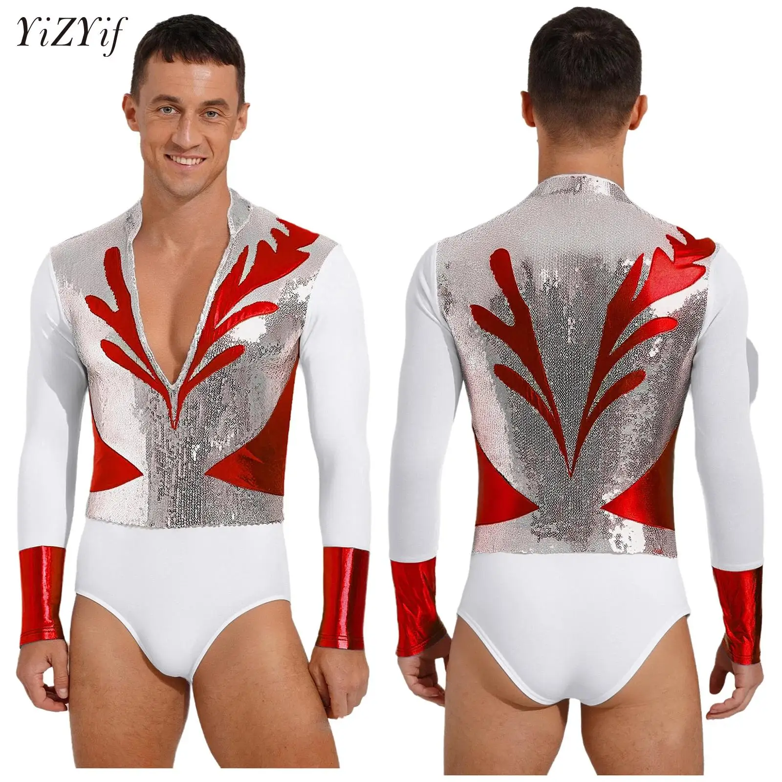 

Mens Rhinestone Dance Shirts Unitard Ballet Jersey Ballroom Modern Latin Tango Rumba Chacha Long Sleeve Leotard Bodysuit Costume
