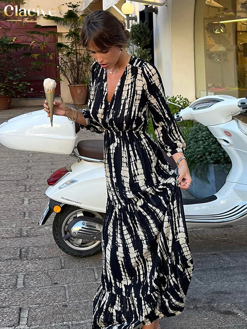 Clacive Sexy Print V-Neck Women Dresses 2023 Vintage Long Sleeve High Waist Maxi Dress Fashion Chic Loose Baackless Female Dress