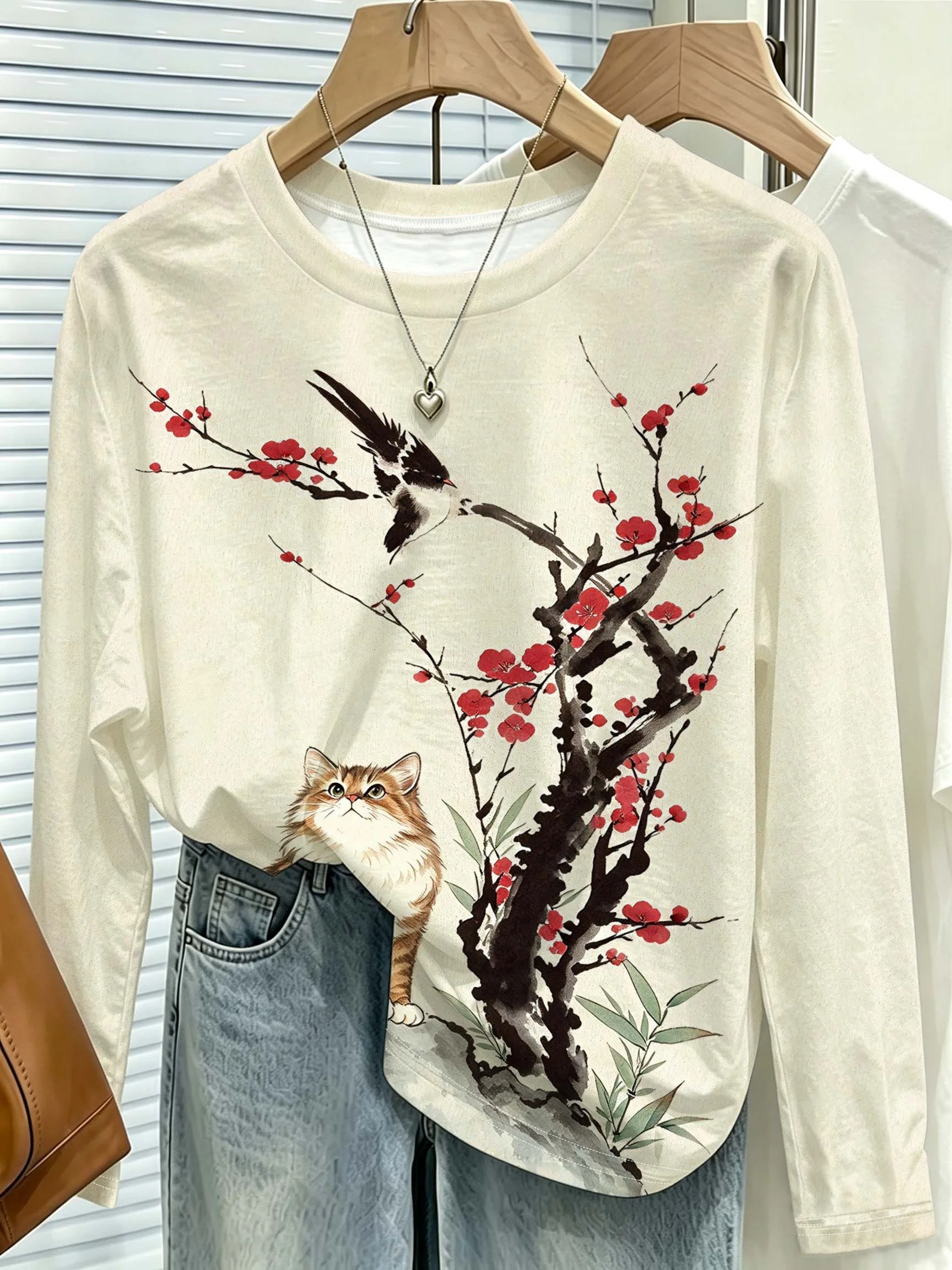 Women Long Sleeve T Shirt Embroidery Style Autumn Floral Print Round Neck Vintage Casual Top Women's Clothes