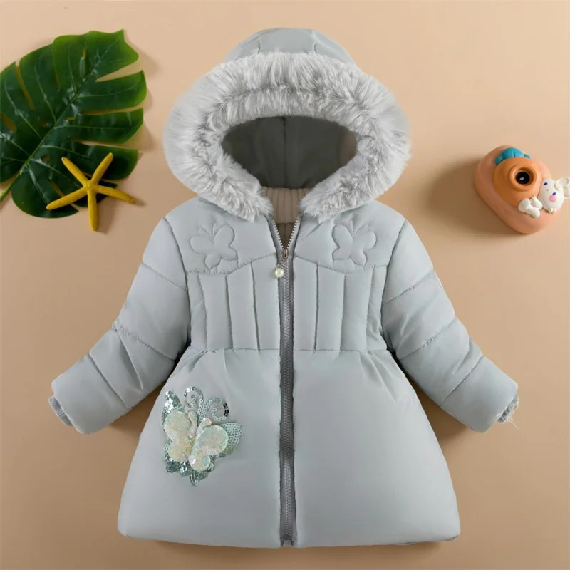 Winter Plus Velvet Parkas Baby Girls Outerwear Kids PlushThick Snowsuit Sequin Cartoon Butterfly Stickers Warm Hooded Coat