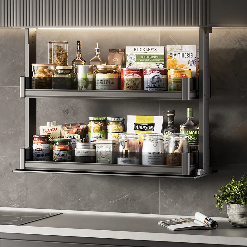 Rak penyimpanan sudut kabinet gantung dinding, berbahan aluminium alloy, pintar, dapat diangkat, diaktifkan dengan suara, dan sentuh.