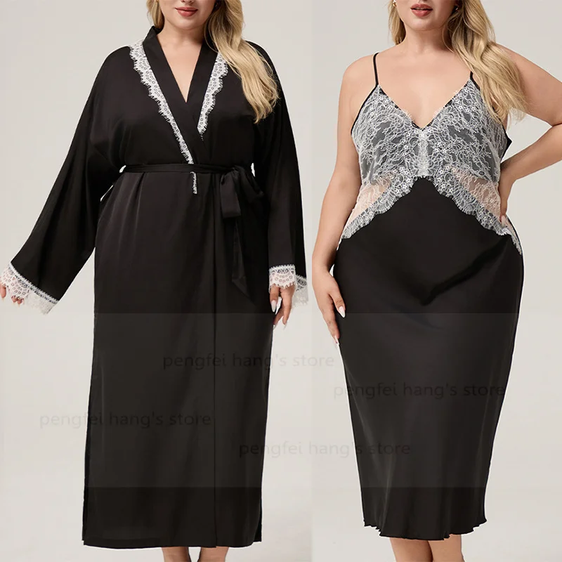 

Плюс размер 3Xl 4Xl 5Xl Черное атласное кимоно Платье Сексуальная одежда для сна с кружевной отделкой Ледяной шелк Нижнее белье Костюм Осенняя одежда для дома Ночное белье Халат