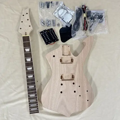 US Warehouse Unfinished Unique Irregular Electric Guitar DIY Kit Mahogany Body Maple Neck Rosewood Fretboard Double Humbucker Slot Complete Hardware Accessories Custom Handmade Guitar Building Kit Free Shipping