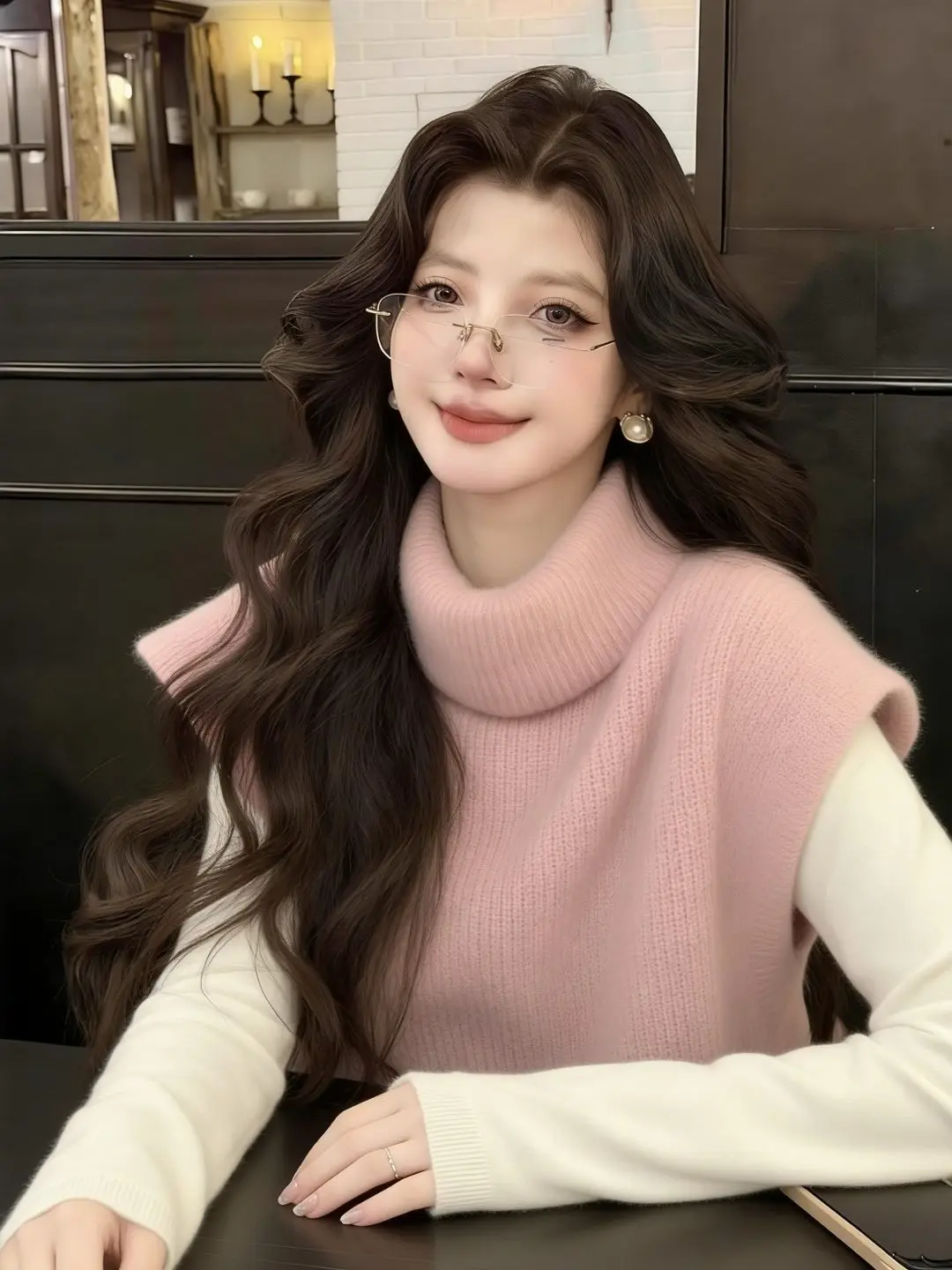 

Sweet Sle Pink High Collar Sweater Women's Spring Autumn Lazy Soft Cozy Layering Vest Korean Gentle Knitted Top