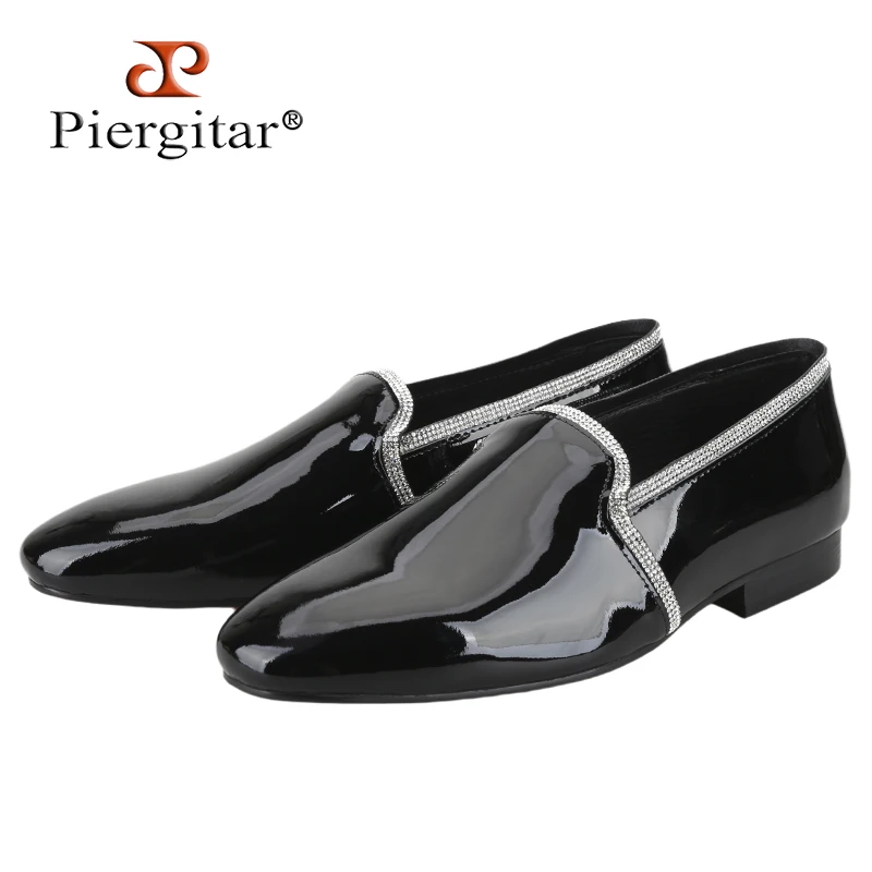 Piergitar Black Patent Leather Slip-On Loafers With Silver Premium Crystals Trims For Party And Wedding Wear GZ Brand Same Model