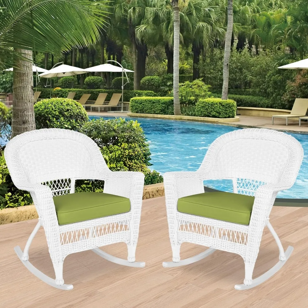 Rocker Korbstuhl mit grünem Kissen, 2er-Set, Honig