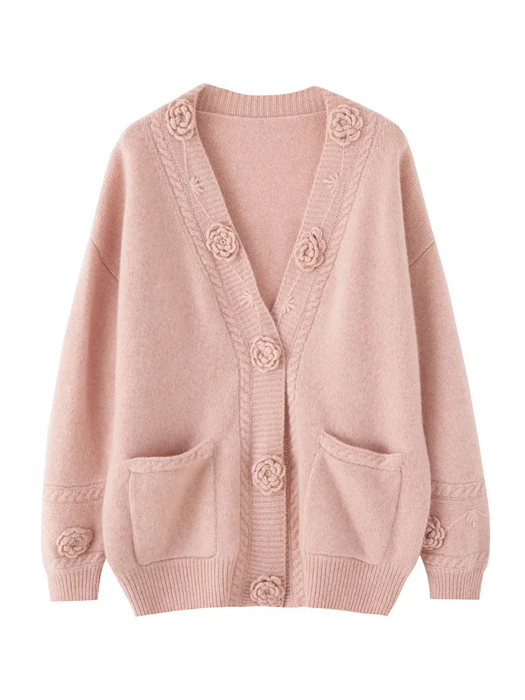 Women Autumn Winter 100% Cashmere Knitwear Sweater V-neck Twist Flower Cardigan Female Thick Soft Elegant Fashion Rose Coat Tops