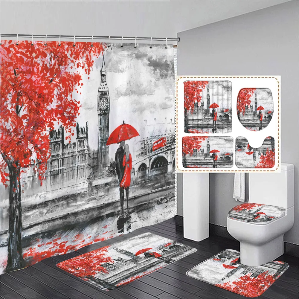 Vintage Paris Tower Shower Curtain Set Pink Floral Black White Town Fashion Girls Bathroom Decor Rug Bath Mats Toilet Lid Cover