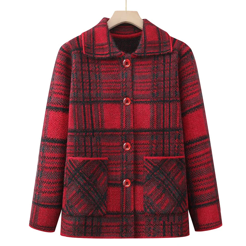 

Трикотажный свитер для женщин, новая мода, клетчатый кардиган на пуговицах, пальто, утепленная осенне-зимняя женская одежда, теплая куртка для мам