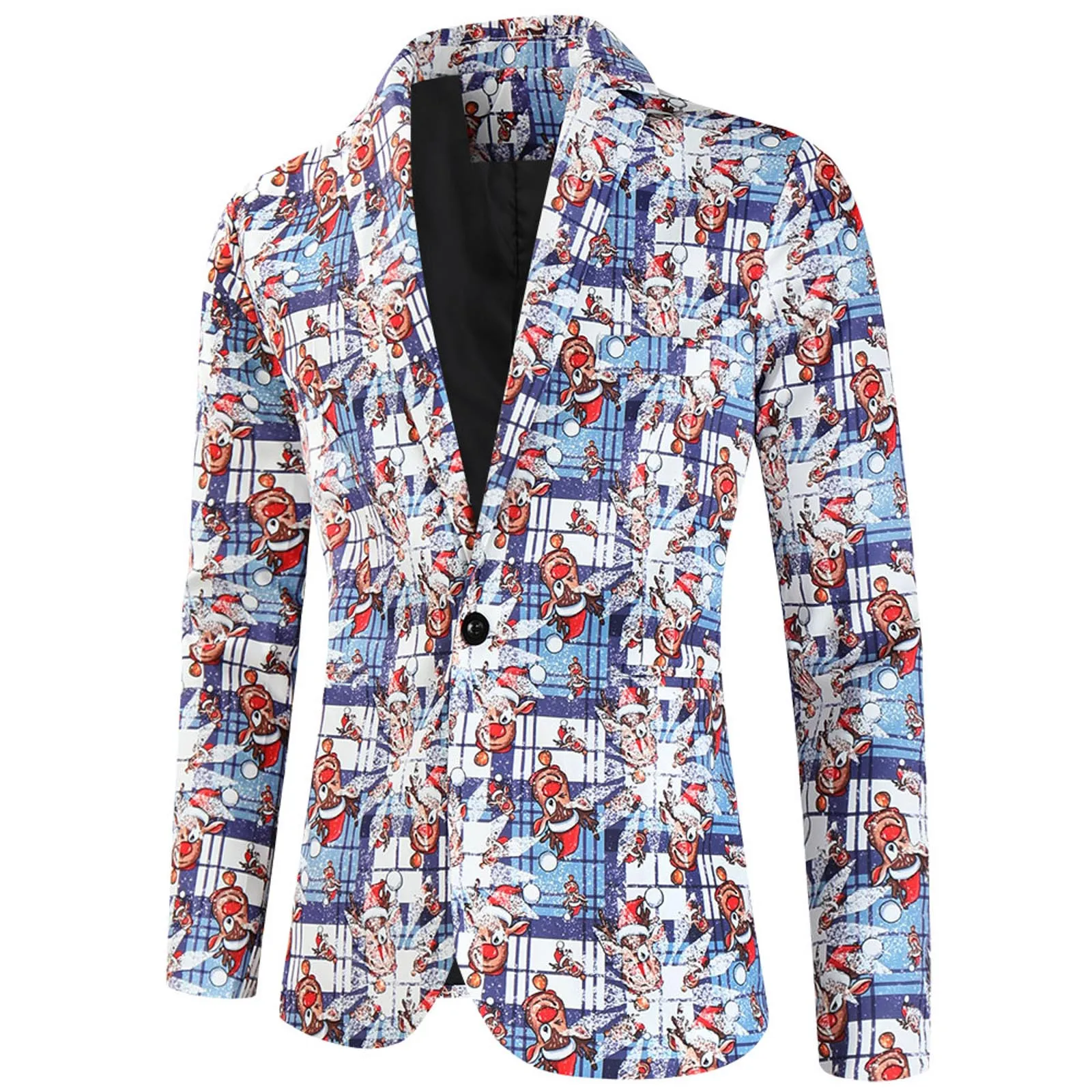 Terno de Natal masculino com lapela estampada pelo Papai Noel, casaco de botões, manga comprida, jaqueta casual solta, blazer masculino, moda inverno quente, 22195830