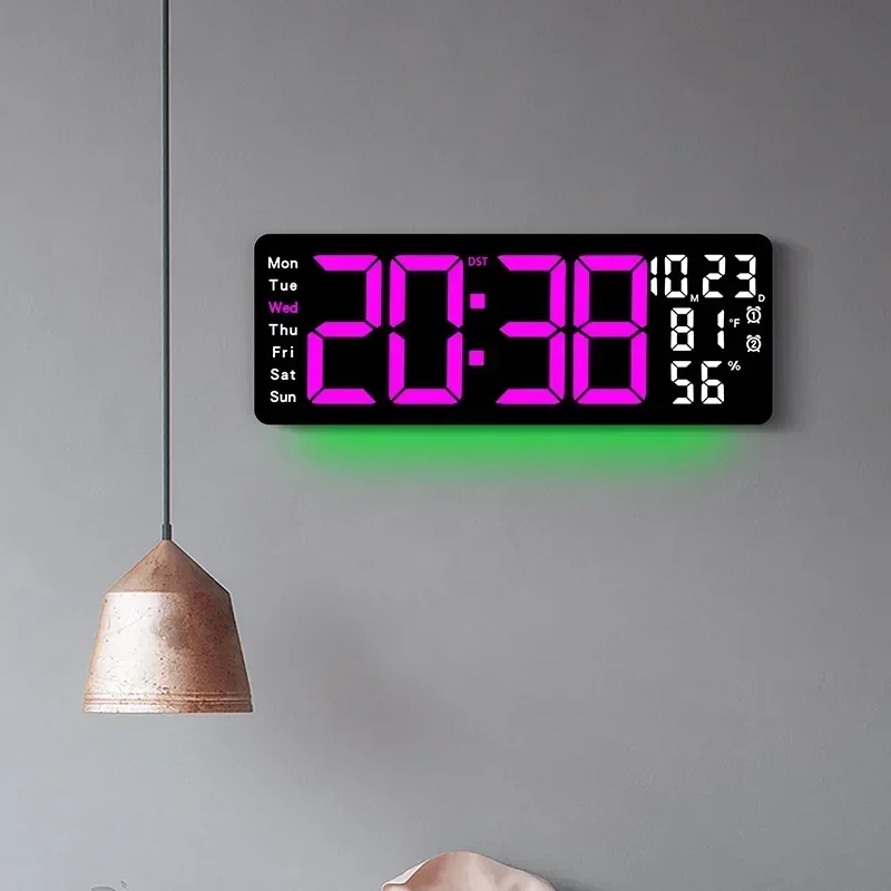 Digital Wall Clock Large Display 17.3'' Digital Wall Clock with RGB Color Changing Automatic Brightness LED Watch Remote Control