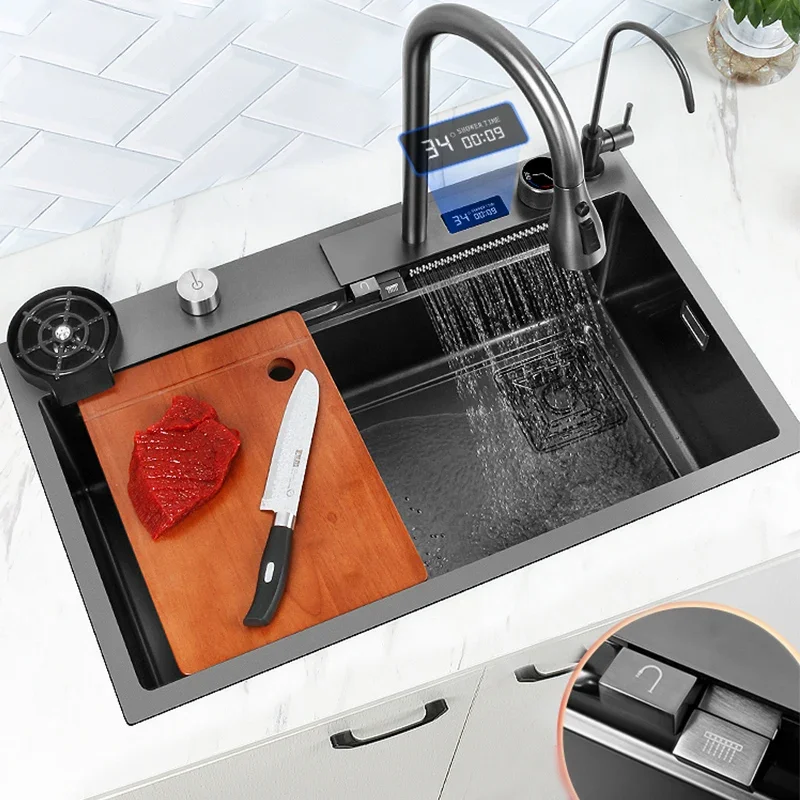 

Waterfall Sink Kitchen Stainless Steel Topmount Sink Large Single Slot Wash Basin With Multifunction Touch Waterfall Faucet